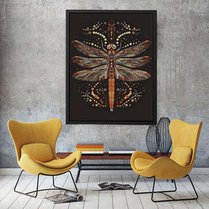 Bold dragonfly canvas art with copper dot detail for modern office wall decor.