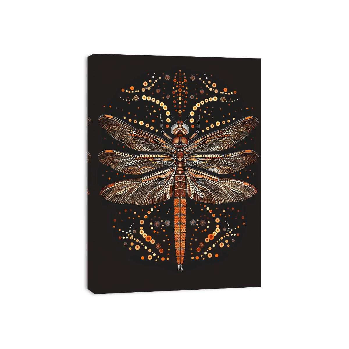 Bold dragonfly canvas art with copper dot detail for modern office wall decor.