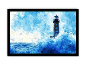 Blue watercolor lighthouse canvas art with ocean waves for coastal living room decor.