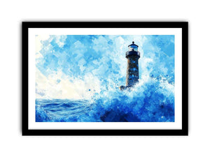 Blue watercolor lighthouse canvas art with ocean waves for coastal living room decor.