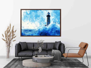 Blue watercolor lighthouse canvas art with ocean waves for coastal living room decor.