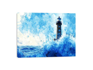 Blue watercolor lighthouse canvas art with ocean waves for coastal living room decor.