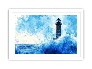 Blue watercolor lighthouse canvas art with ocean waves for coastal living room decor.