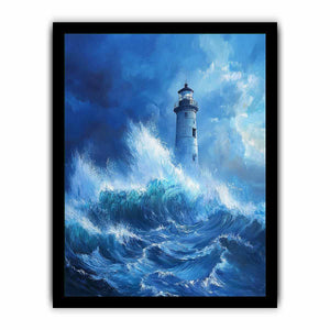 Stormy blue lighthouse canvas art with ocean waves for modern coastal room decor.