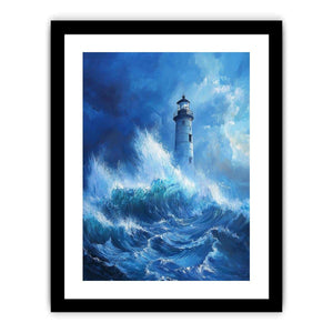 Stormy blue lighthouse canvas art with ocean waves for modern coastal room decor.