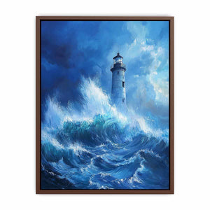 Stormy blue lighthouse canvas art with ocean waves for modern coastal room decor.