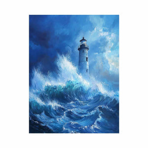 Stormy blue lighthouse canvas art with ocean waves for modern coastal room decor.