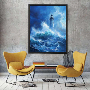 Stormy blue lighthouse canvas art with ocean waves for modern coastal room decor.