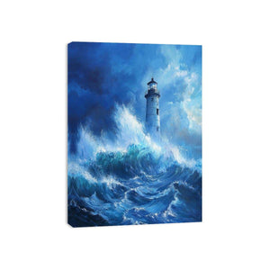 Stormy blue lighthouse canvas art with ocean waves for modern coastal room decor.
