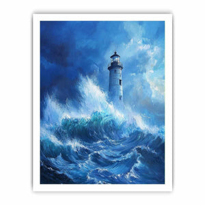Stormy blue lighthouse canvas art with ocean waves for modern coastal room decor.