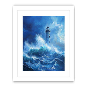 Stormy blue lighthouse canvas art with ocean waves for modern coastal room decor.