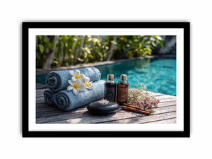 Spa towel and poolside canvas photography for relaxing bathroom decor.