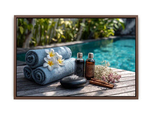 Spa towel and poolside canvas photography for relaxing bathroom decor.