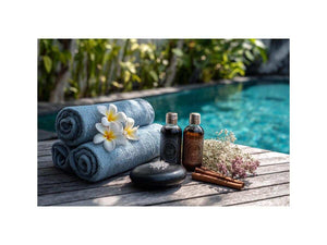 Spa towel and poolside canvas photography for relaxing bathroom decor.