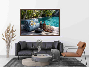 Spa towel and poolside canvas photography for relaxing bathroom decor.