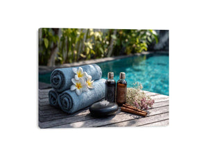 Spa towel and poolside canvas photography for relaxing bathroom decor.