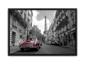 Black and white Paris canvas print with red car for elegant wall decor.