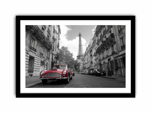 Black and white Paris canvas print with red car for elegant wall decor.