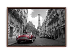 Black and white Paris canvas print with red car for elegant wall decor.