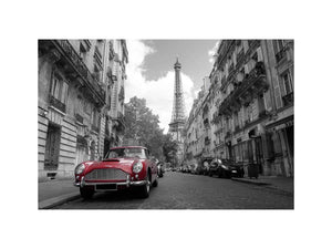 Black and white Paris canvas print with red car for elegant wall decor.