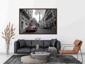 Black and white Paris canvas print with red car for elegant wall decor.