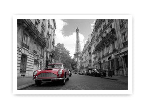 Black and white Paris canvas print with red car for elegant wall decor.