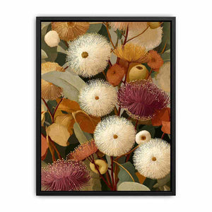 Earthy eucalyptus botanical canvas art for warm modern living room decor.