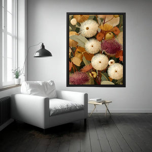 Earthy eucalyptus botanical canvas art for warm modern living room decor.