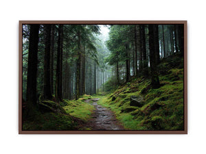 Misty forest path canvas photography for calm green living room decor.