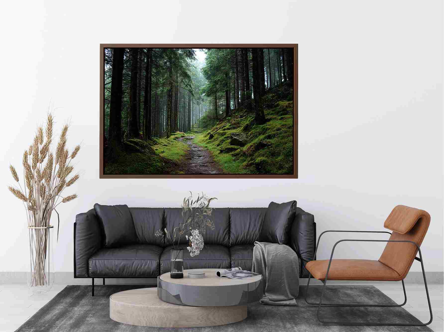 Misty forest path canvas photography for calm green living room decor.