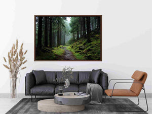 Misty forest path canvas photography for calm green living room decor.