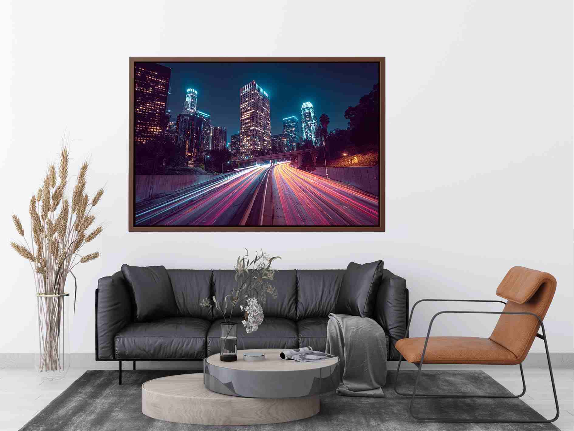 Night city light trail canvas photography for modern office wall decor.
