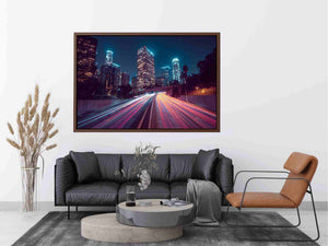 Night city light trail canvas photography for modern office wall decor.