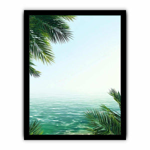 Minimal coastal ocean canvas art with palm leaves for relaxing bedroom decor.