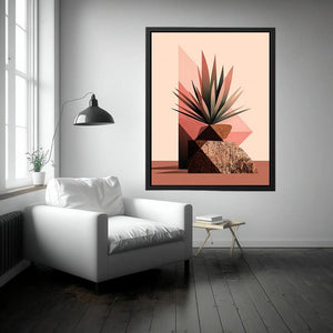 Earth tone geometric plant canvas art for modern living room decor.