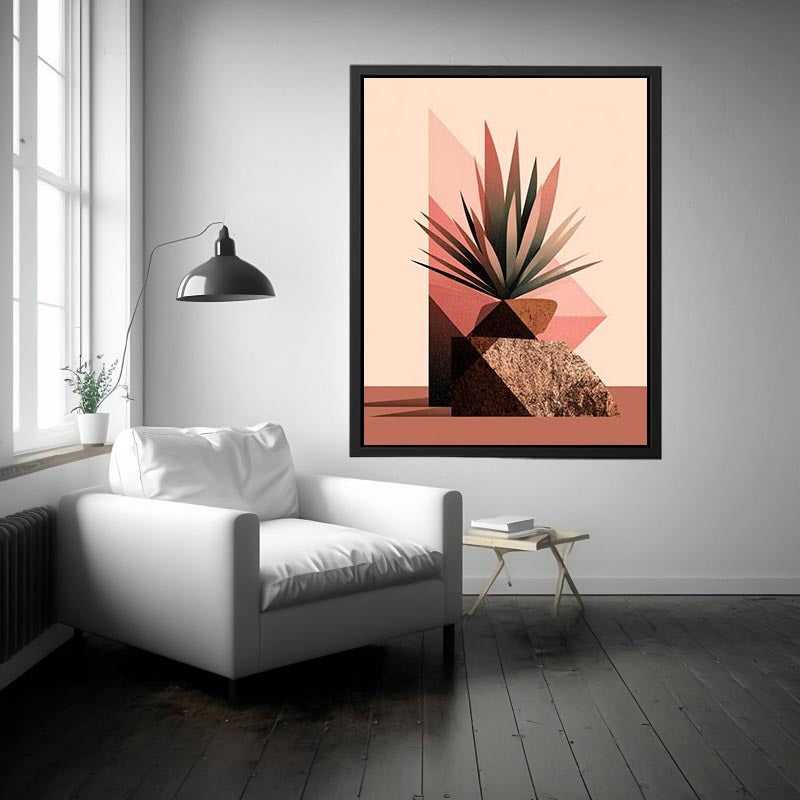 Earth tone geometric plant canvas art for modern living room decor.