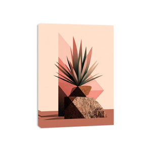 Earth tone geometric plant canvas art for modern living room decor.