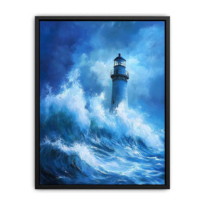 Blue storm lighthouse canvas art with crashing ocean waves for coastal interior decor.