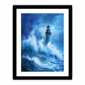 Blue storm lighthouse canvas art with crashing ocean waves for coastal interior decor.