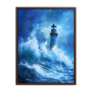 Blue storm lighthouse canvas art with crashing ocean waves for coastal interior decor.