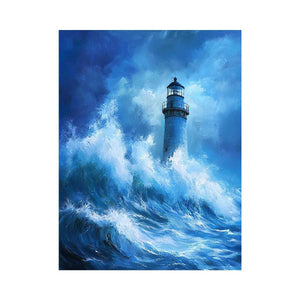 Blue storm lighthouse canvas art with crashing ocean waves for coastal interior decor.