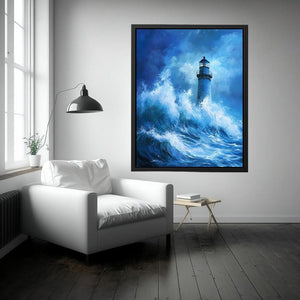 Blue storm lighthouse canvas art with crashing ocean waves for coastal interior decor.