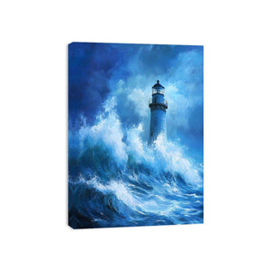 Blue storm lighthouse canvas art with crashing ocean waves for coastal interior decor.