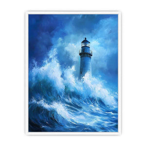 Blue storm lighthouse canvas art with crashing ocean waves for coastal interior decor.
