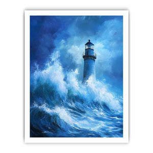 Blue storm lighthouse canvas art with crashing ocean waves for coastal interior decor.