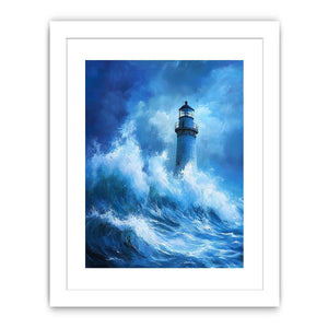 Blue storm lighthouse canvas art with crashing ocean waves for coastal interior decor.
