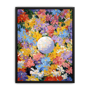 Colorful floral moon canvas art for joyful modern bedroom wall decor.