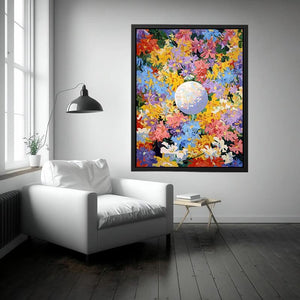 Colorful floral moon canvas art for joyful modern bedroom wall decor.