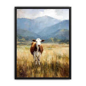 Cow pasture canvas art with mountains for rustic farmhouse living room decor.