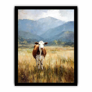Cow pasture canvas art with mountains for rustic farmhouse living room decor.